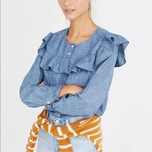 Madewell Chambray Cotton Fluttery Ruffle Yoke Top Blouse Size medium